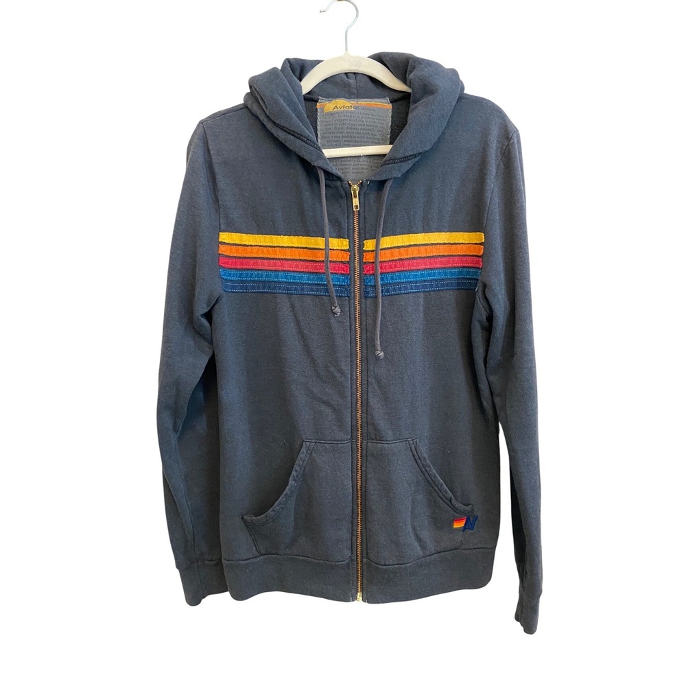 Aviator Nation Charcoal Zip Hoodie with Rainbow Chest Stripes